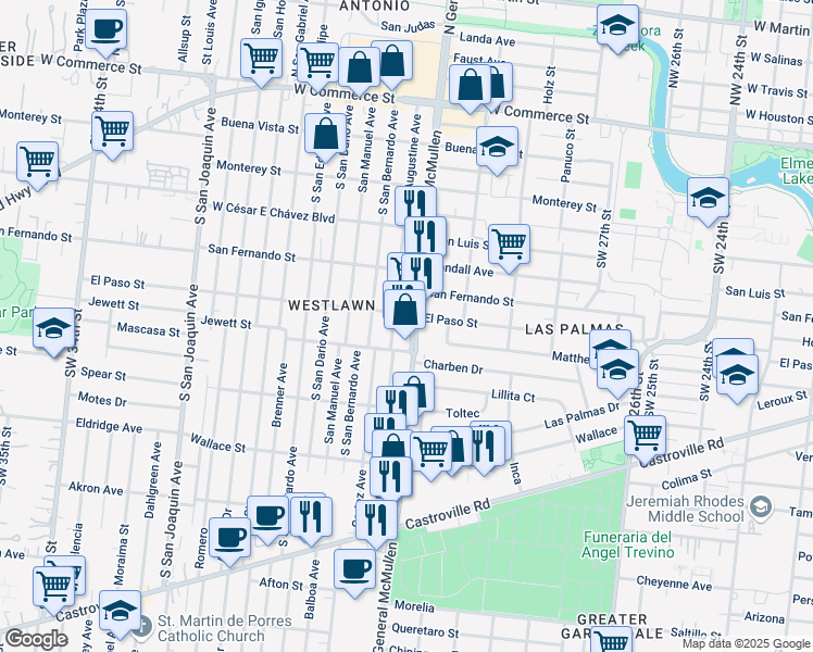 map of restaurants, bars, coffee shops, grocery stores, and more near 628 South San Augustine Avenue in San Antonio