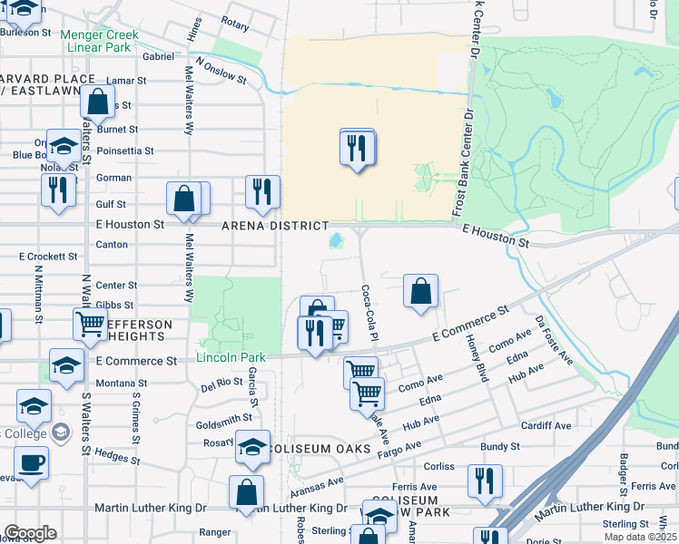 map of restaurants, bars, coffee shops, grocery stores, and more near 3040 East Houston Street in San Antonio