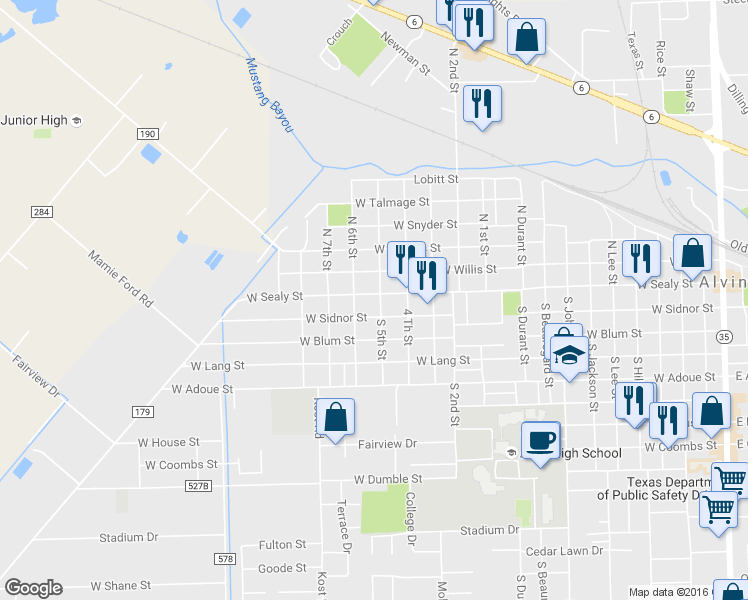 map of restaurants, bars, coffee shops, grocery stores, and more near 102 South 5th Street in Alvin