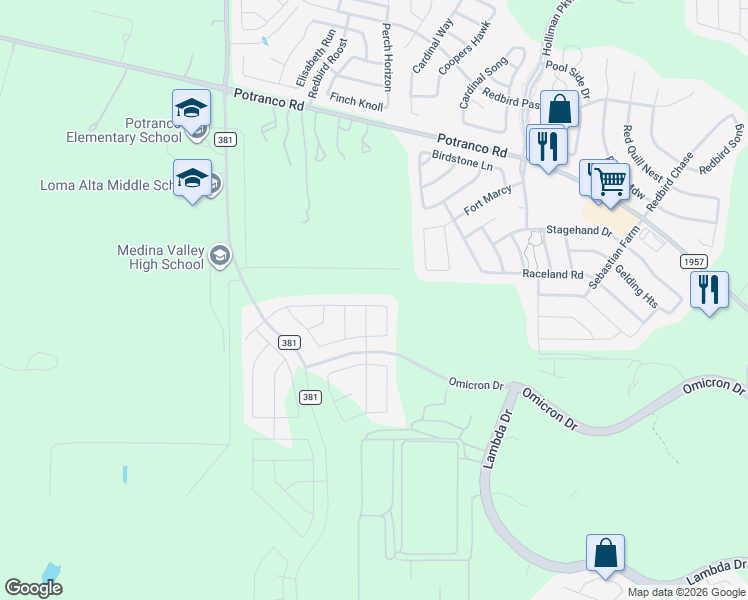 map of restaurants, bars, coffee shops, grocery stores, and more near 131 Whitetail Pass in San Antonio