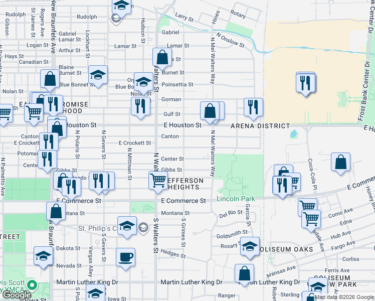 map of restaurants, bars, coffee shops, grocery stores, and more near 1810 Center Street in San Antonio