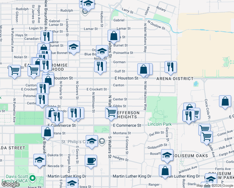 map of restaurants, bars, coffee shops, grocery stores, and more near 1728 Center Street in San Antonio