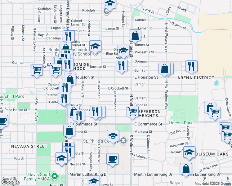 map of restaurants, bars, coffee shops, grocery stores, and more near 1615 Center Street in San Antonio