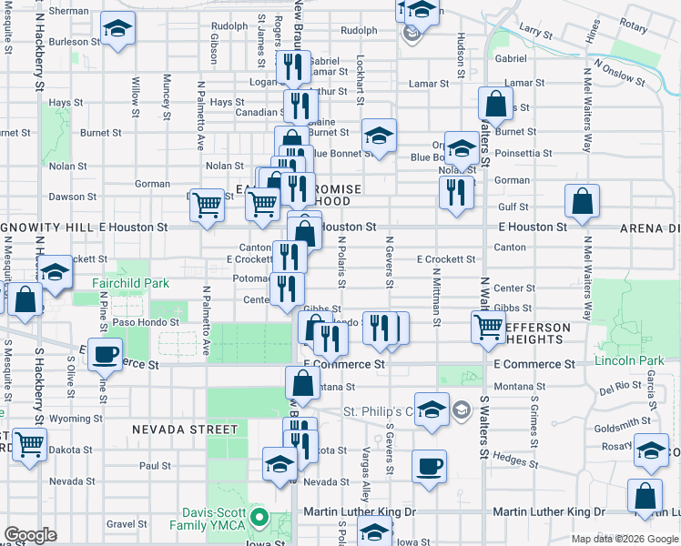 map of restaurants, bars, coffee shops, grocery stores, and more near 1416 Center Street in San Antonio