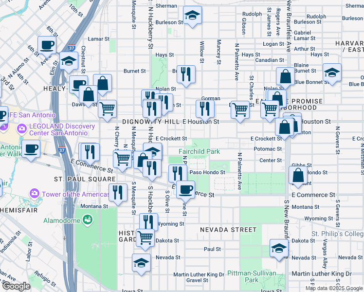 map of restaurants, bars, coffee shops, grocery stores, and more near 727 Center Street in San Antonio