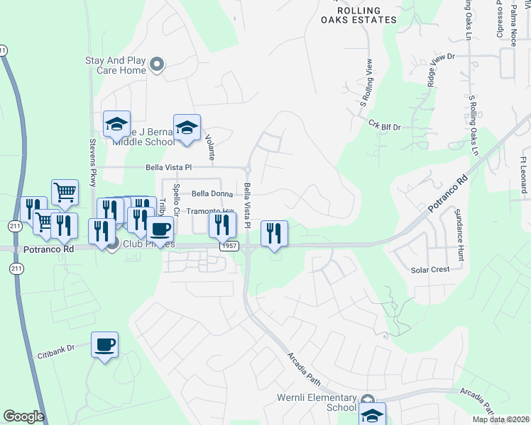 map of restaurants, bars, coffee shops, grocery stores, and more near 13706 Iniga in San Antonio