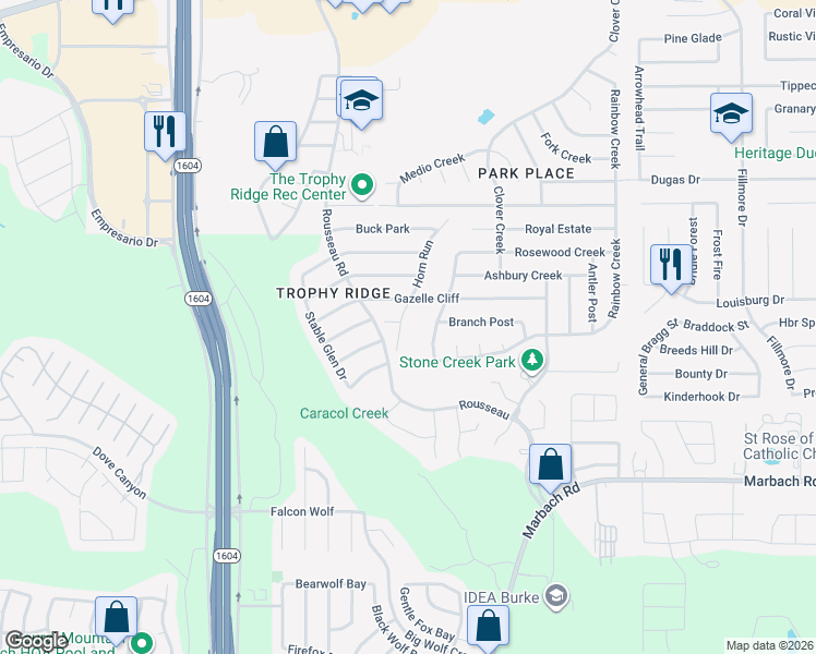 map of restaurants, bars, coffee shops, grocery stores, and more near 10706 Gazelle Cliff in San Antonio