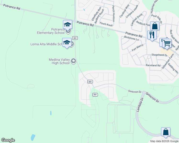 map of restaurants, bars, coffee shops, grocery stores, and more near 277 Hunters Ranch E in San Antonio