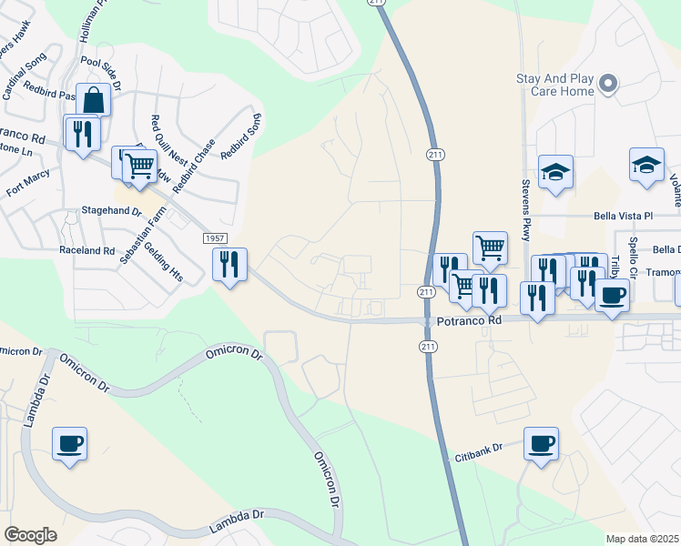 map of restaurants, bars, coffee shops, grocery stores, and more near 14625 Potranco Road in San Antonio