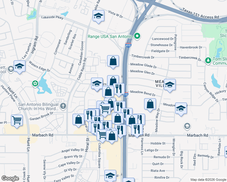 map of restaurants, bars, coffee shops, grocery stores, and more near 1305 Southwest Loop 410 in San Antonio