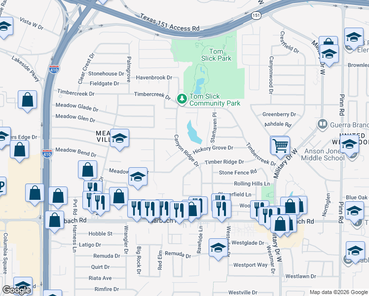 map of restaurants, bars, coffee shops, grocery stores, and more near 930 Canyon Ridge Drive in San Antonio