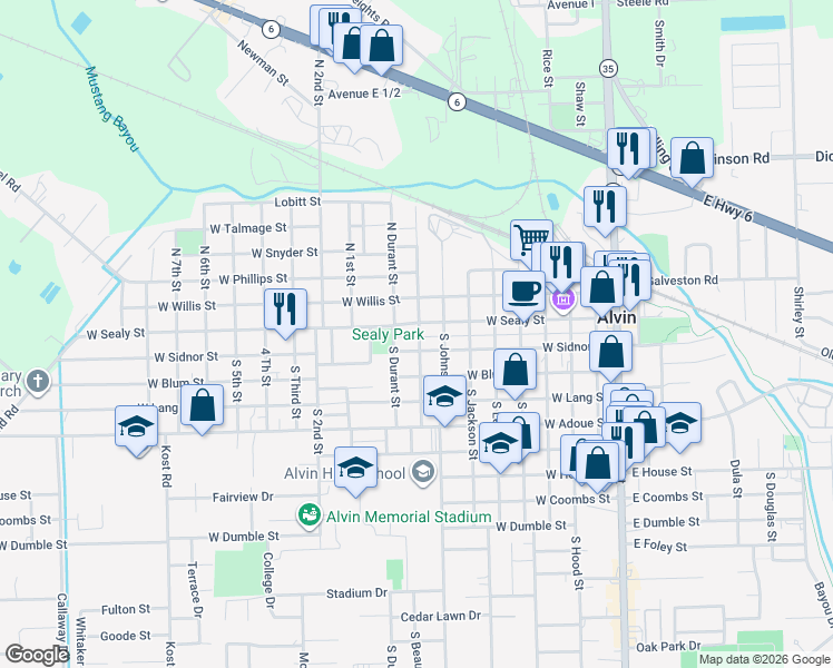 map of restaurants, bars, coffee shops, grocery stores, and more near 814 West Sealy Street in Alvin