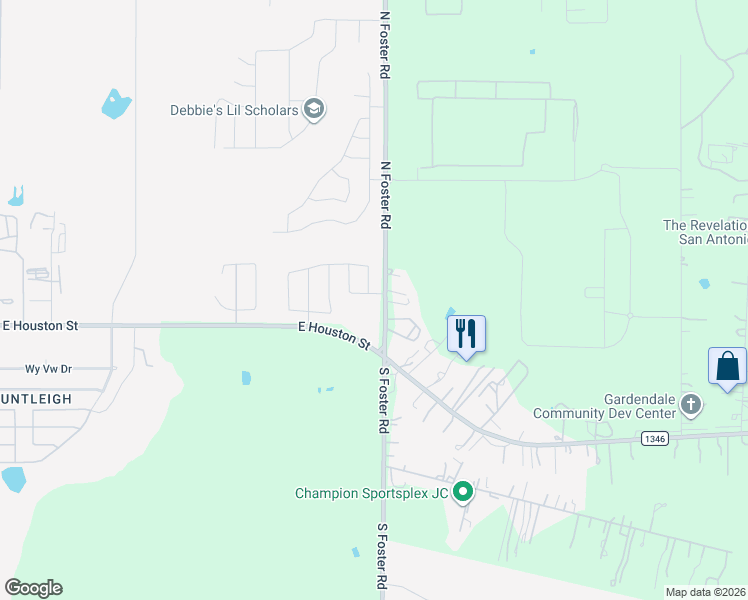 map of restaurants, bars, coffee shops, grocery stores, and more near 186 North Foster Road in San Antonio