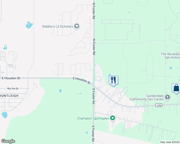 map of restaurants, bars, coffee shops, grocery stores, and more near 186 North Foster Road in San Antonio