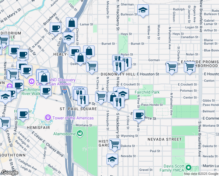 map of restaurants, bars, coffee shops, grocery stores, and more near 901 East Crockett Street in San Antonio