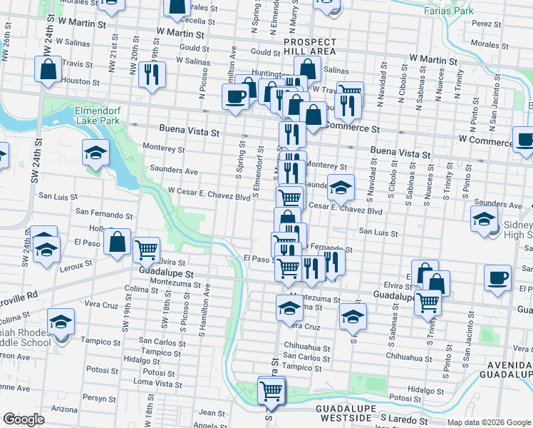 map of restaurants, bars, coffee shops, grocery stores, and more near 2810 West César E Chávez Boulevard in San Antonio