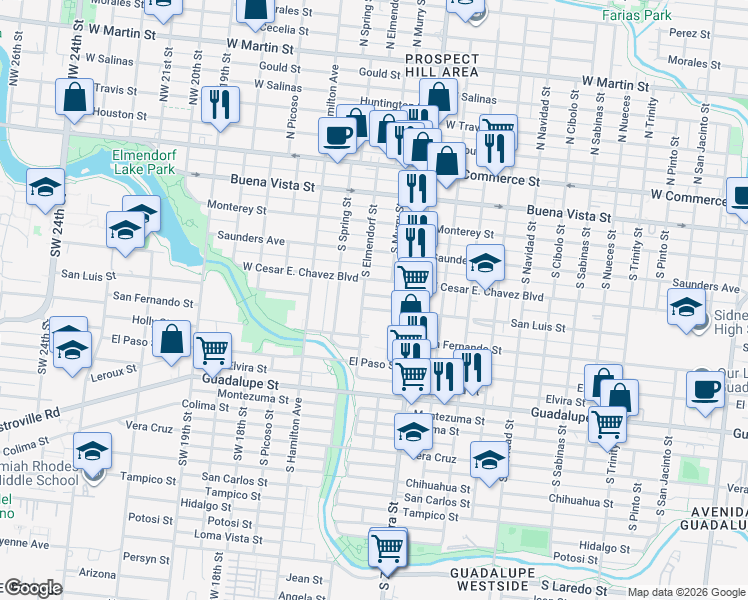 map of restaurants, bars, coffee shops, grocery stores, and more near 2810 West César E Chávez Boulevard in San Antonio