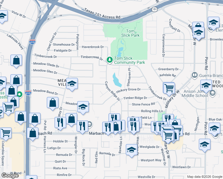 map of restaurants, bars, coffee shops, grocery stores, and more near 930 Canyon Ridge Drive in San Antonio