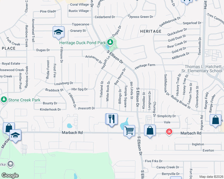 map of restaurants, bars, coffee shops, grocery stores, and more near 1203 Bay Horse Drive in San Antonio