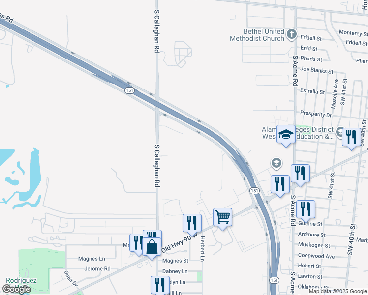 map of restaurants, bars, coffee shops, grocery stores, and more near 1002 South Callaghan Road in San Antonio