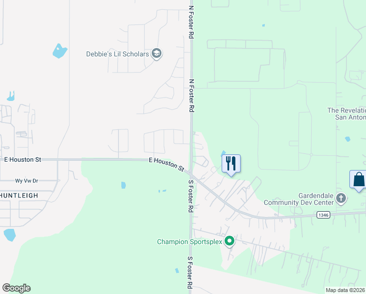 map of restaurants, bars, coffee shops, grocery stores, and more near 186 North Foster Road in San Antonio