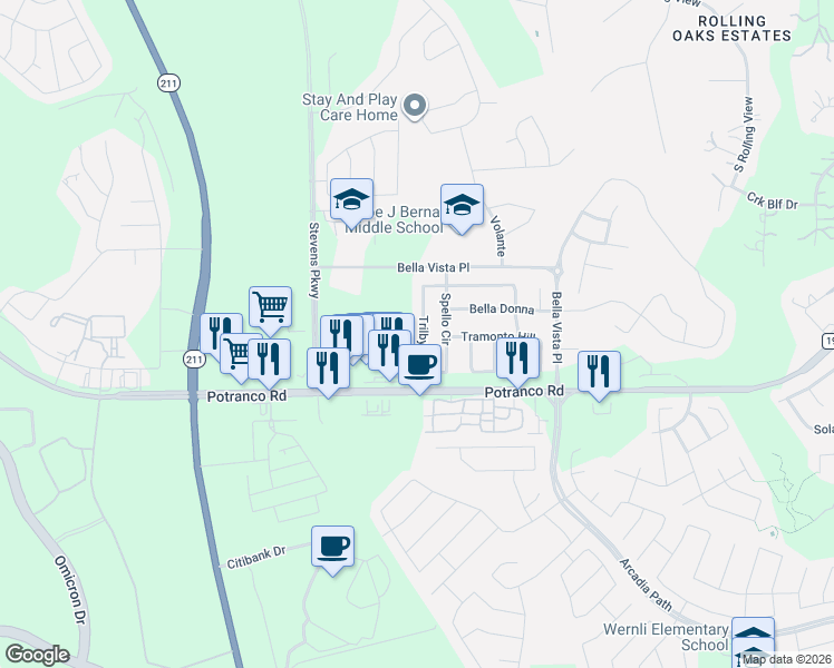 map of restaurants, bars, coffee shops, grocery stores, and more near 830 Trilby in San Antonio