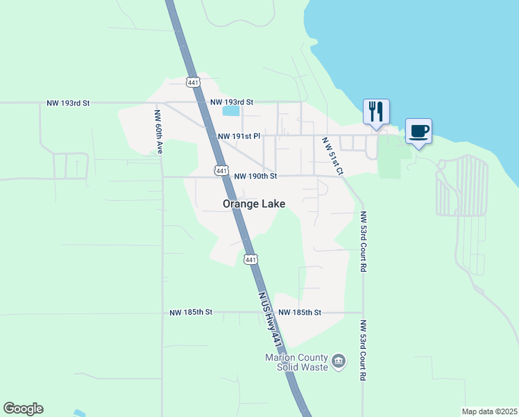map of restaurants, bars, coffee shops, grocery stores, and more near in Orange Lake
