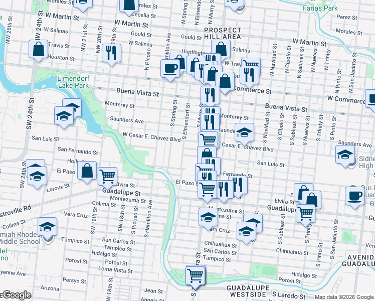 map of restaurants, bars, coffee shops, grocery stores, and more near 2810 West César E Chávez Boulevard in San Antonio