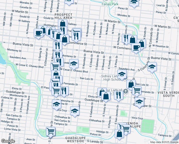 map of restaurants, bars, coffee shops, grocery stores, and more near West César E Chávez Boulevard in San Antonio