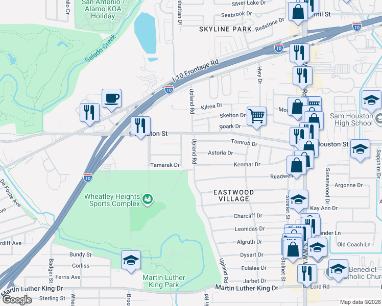 map of restaurants, bars, coffee shops, grocery stores, and more near 1215 Upland Road in San Antonio