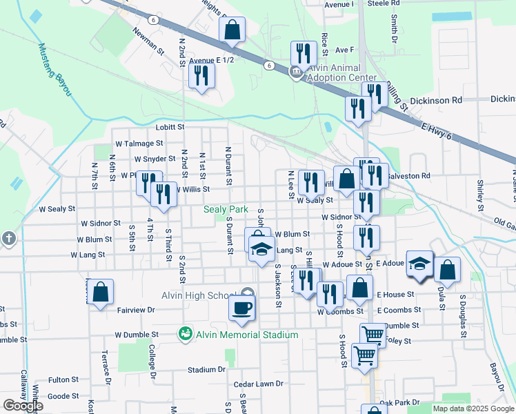 map of restaurants, bars, coffee shops, grocery stores, and more near 814 West Sealy Street in Alvin