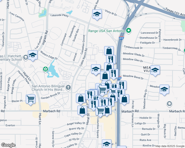 map of restaurants, bars, coffee shops, grocery stores, and more near 1210 Horal Drive in San Antonio
