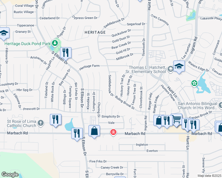 map of restaurants, bars, coffee shops, grocery stores, and more near 911 Saddlebrook Drive in San Antonio