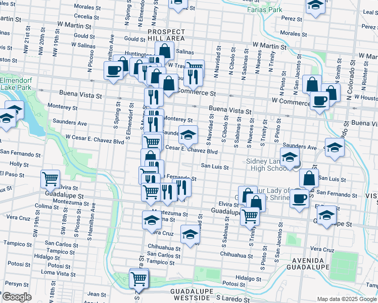 map of restaurants, bars, coffee shops, grocery stores, and more near 2311 San Luis Street in San Antonio