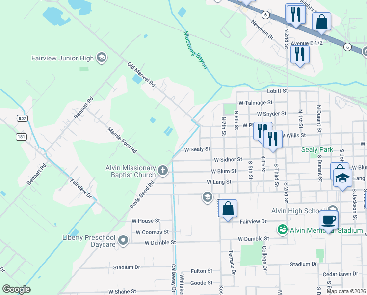 map of restaurants, bars, coffee shops, grocery stores, and more near 1926 West Sealy Street in Alvin