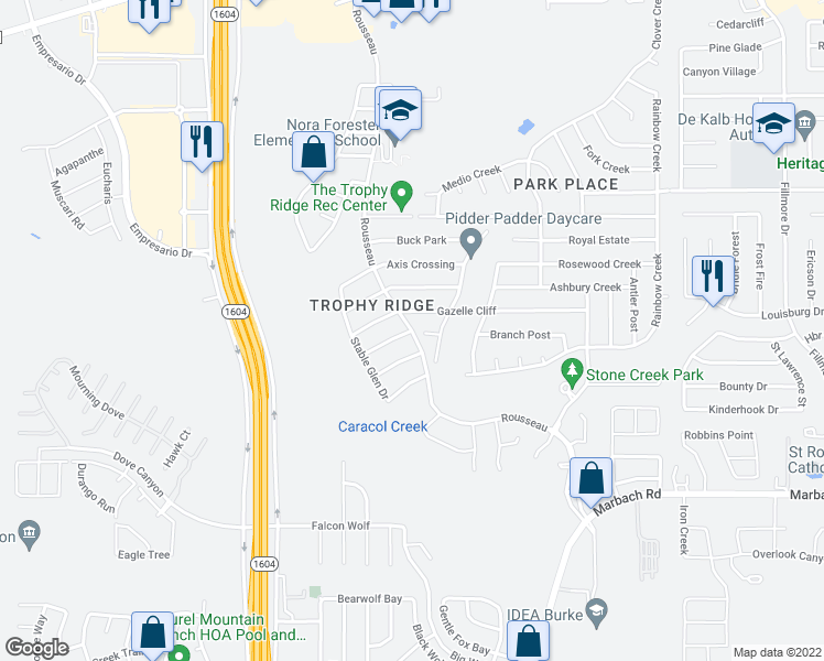 map of restaurants, bars, coffee shops, grocery stores, and more near 9710 Rousseau in San Antonio