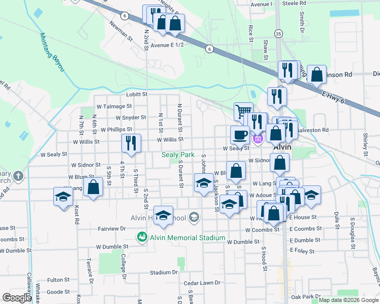 map of restaurants, bars, coffee shops, grocery stores, and more near 814 West Sealy Street in Alvin