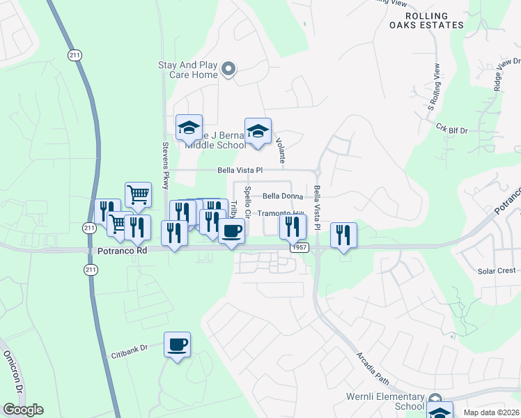map of restaurants, bars, coffee shops, grocery stores, and more near 14014 Bella Donna in San Antonio