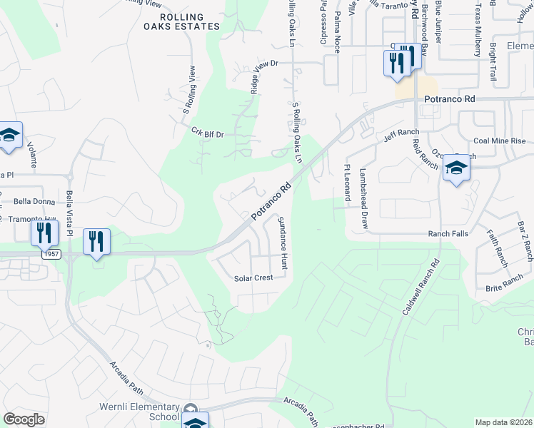 map of restaurants, bars, coffee shops, grocery stores, and more near 916 Country Meadow Drive in San Antonio