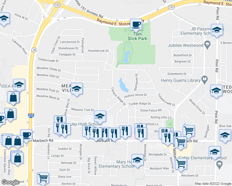 map of restaurants, bars, coffee shops, grocery stores, and more near 930 Canyon Ridge Drive in San Antonio