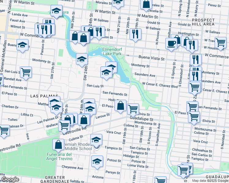 map of restaurants, bars, coffee shops, grocery stores, and more near 3510 San Luis Street in San Antonio