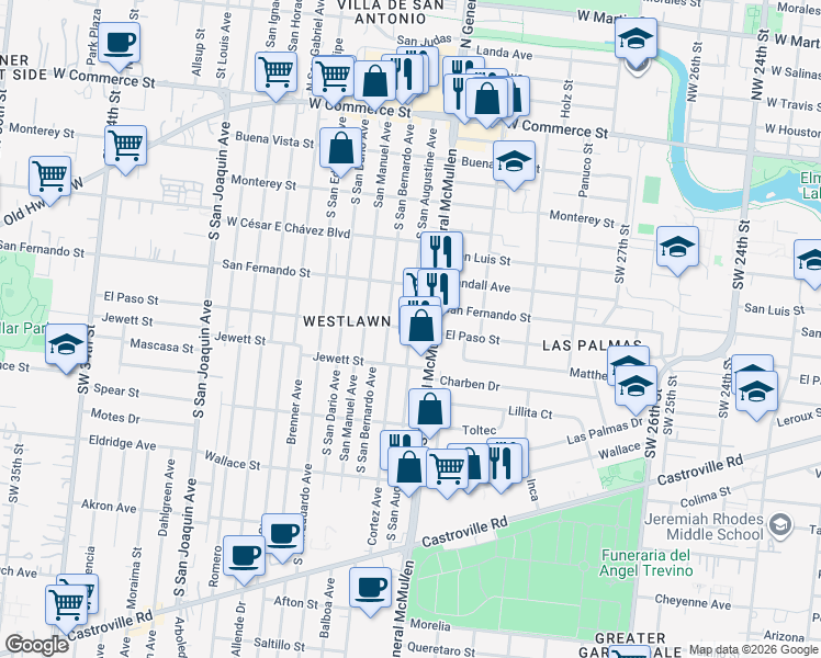 map of restaurants, bars, coffee shops, grocery stores, and more near El Paso St & S San Augustine Ave in San Antonio