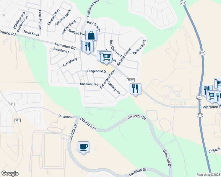 map of restaurants, bars, coffee shops, grocery stores, and more near 15078 Gelding Heights in San Antonio
