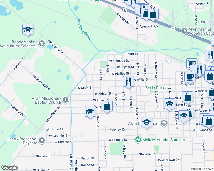 map of restaurants, bars, coffee shops, grocery stores, and more near 1613 West Willis Street in Alvin