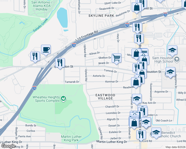 map of restaurants, bars, coffee shops, grocery stores, and more near 356 Tomrob Drive in San Antonio