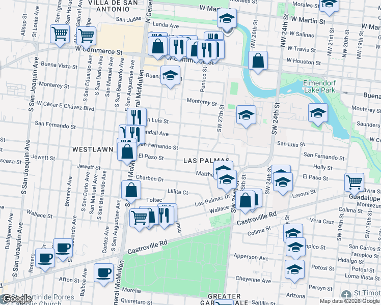 map of restaurants, bars, coffee shops, grocery stores, and more near 4015 San Fernando Street in San Antonio