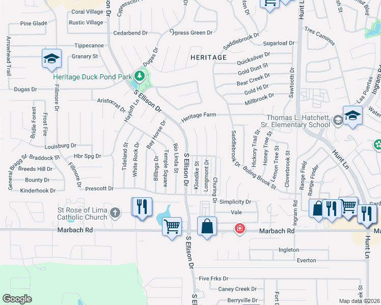 map of restaurants, bars, coffee shops, grocery stores, and more near 1135 Klondike Street in San Antonio