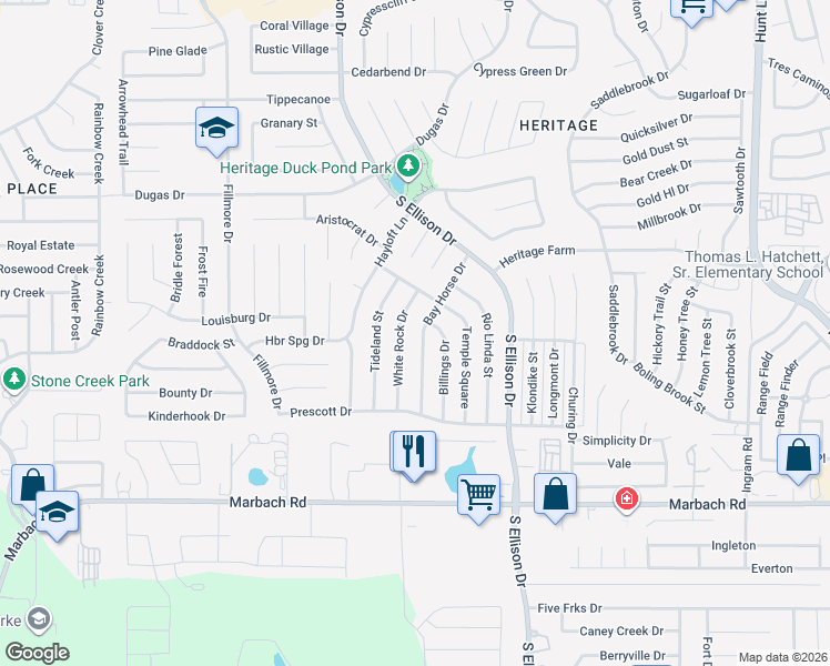 map of restaurants, bars, coffee shops, grocery stores, and more near 1203 Bay Horse Drive in San Antonio