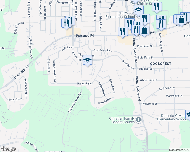 map of restaurants, bars, coffee shops, grocery stores, and more near 12623 Fiesta Ranch in San Antonio