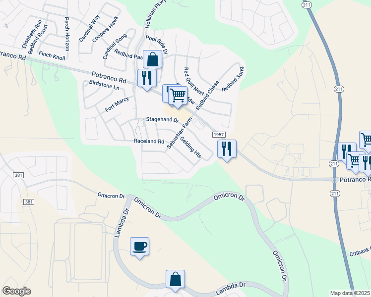 map of restaurants, bars, coffee shops, grocery stores, and more near 15078 Gelding Heights in San Antonio